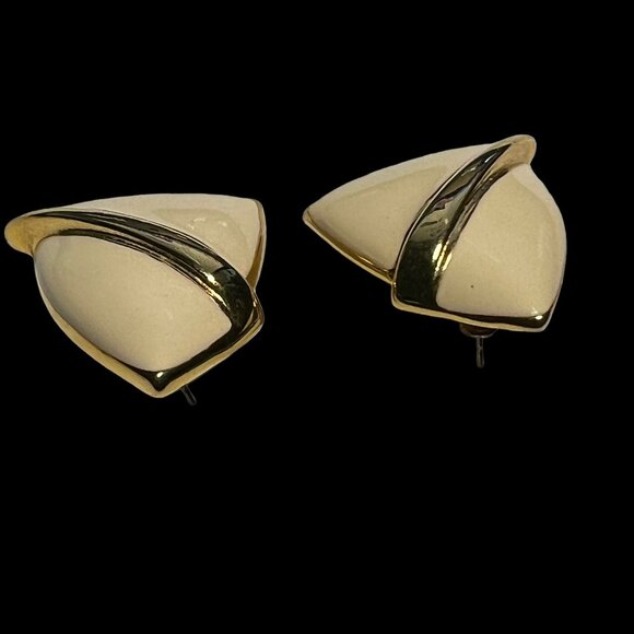 Vintage M Jent Pierced Earrings Enamel and Gold Tone Modernistic - Picture 6 of 7